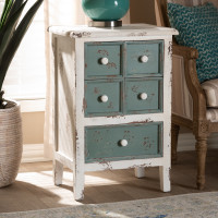 Baxton Studio HY2AB040-White-Chest Angeline Antique French Country Cottage Distressed White and Teal Finished Wood 5-Drawer Accent Chest